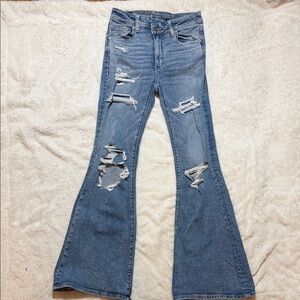 American Eagle Outfitters Ripped Blue Super Hi-Rise Flare Leg Jeans